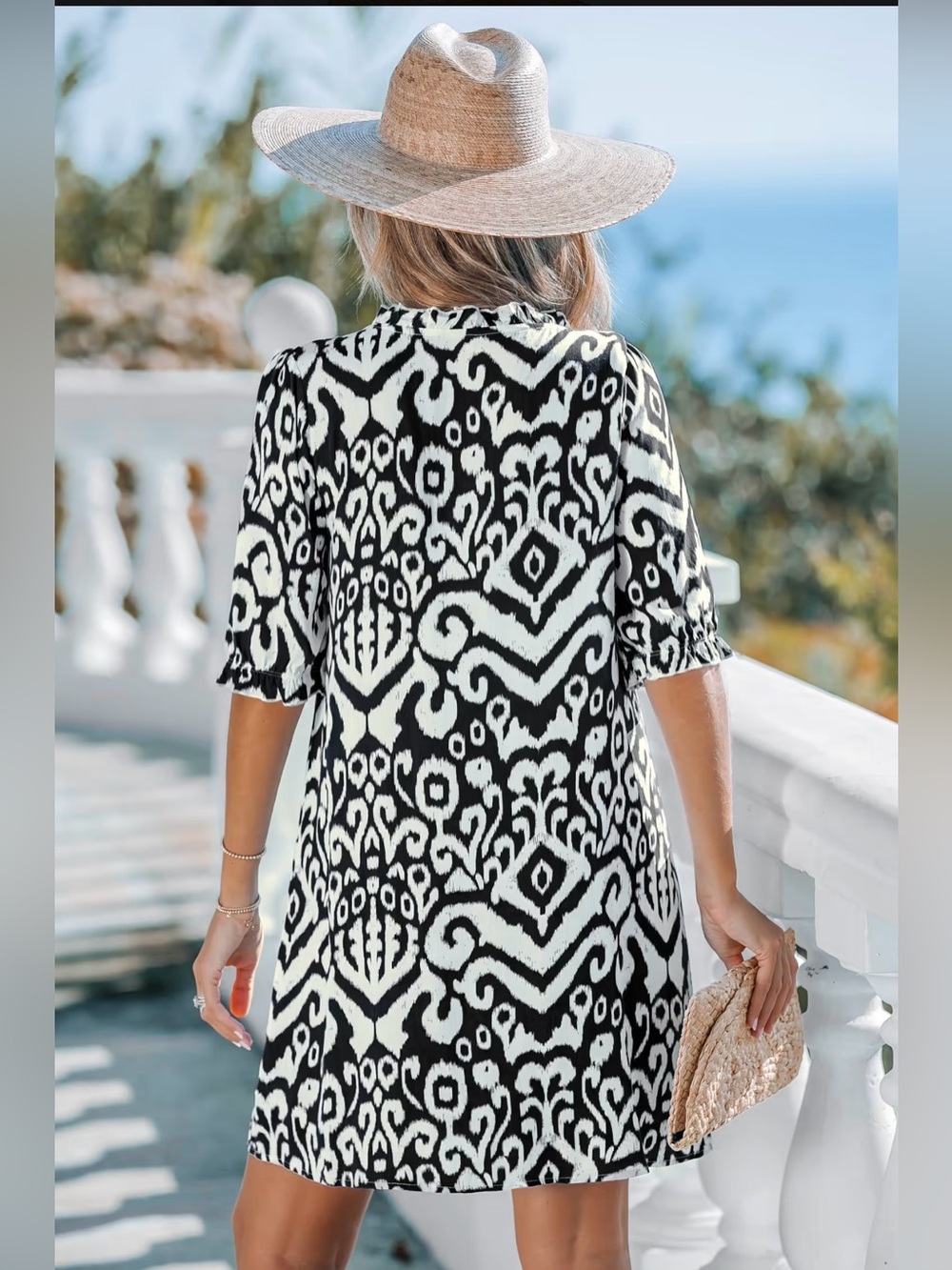 Cupshe Blue & White Ikat Boho Blouse/Shift Dress Size M - Picture 3 of 10